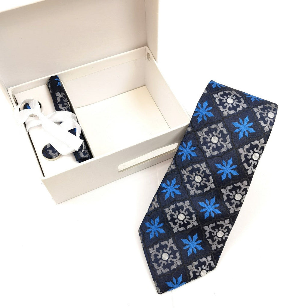 Blue Silver Geometric Tie & Cufflinks Set